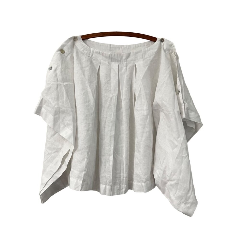 Night Studio Coastal White Linen Mother Pearl Buttons Pleated Boxy Top Large
